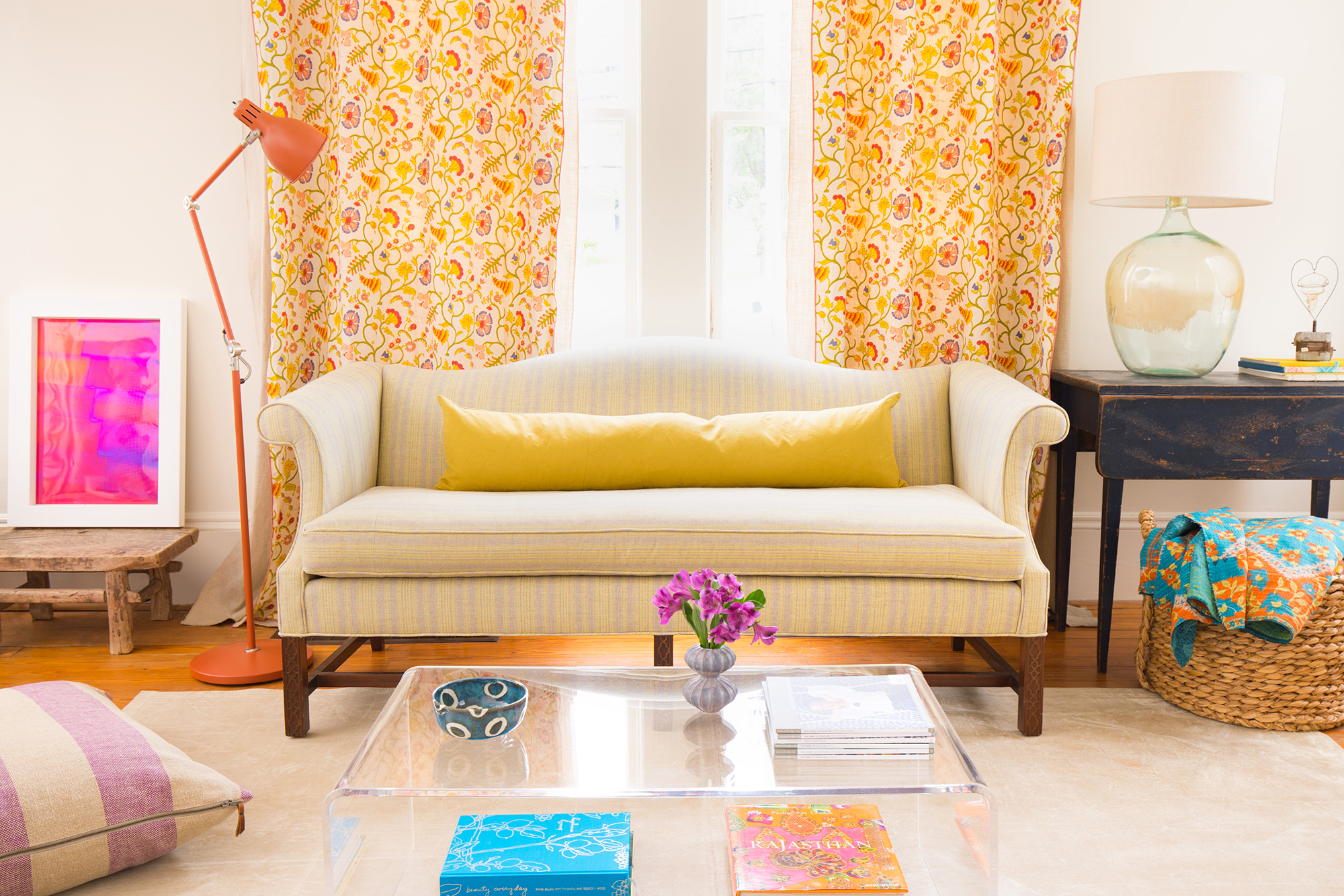 living room with Camel Back Sofa with Upholstery Fabric